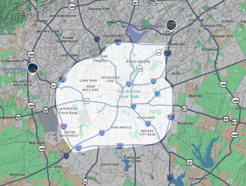Map of the Raeleen Cleaning Co. service area in San Antonio, inside Loop 410.